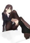  1girl adjusting_clothes adjusting_legwear ama_mitsuki bangs black_legwear blazer blush brown_eyes brown_hair closed_mouth collarbone glasses grey_skirt jacket long_hair long_sleeves necktie original pantyhose simple_background sitting skirt solo sweater white_background 