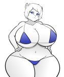  2019 absurd_res alexis_bishop_(lildredre) anthro big_breasts bikini black_nose blue_eyes breasts cleavage clothed clothing digital_media_(artwork) eyebrows female fingers fur hair hayakain hi_res huge_breasts looking_at_viewer mammal navel polar_bear simple_background smile solo standing swimwear thick_thighs ursid ursine voluptuous white_background white_fur wide_hips 