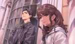  1boy 1girl against_wall brown_hair closed_mouth day grey_coat hair_over_shoulder long_hair looking_at_viewer original outdoors shiny shiny_hair smile smug sora_yoshitake_yuda 