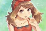  1girl bangs bow brown_eyes brown_hair closed_mouth collarbone finger_to_mouth hair_bow hairband haruka_(pokemon) index_finger_raised long_hair looking_at_viewer ooki1089 pokemon pokemon_(game) pokemon_oras portrait red_bow red_hairband red_shirt shiny shiny_hair shirt sleeveless sleeveless_shirt smile solo swept_bangs twitter_username 