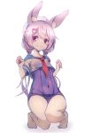  1girl ahoge animal_ear_fluff animal_ears arms_up barefoot bunny_ears covered_navel crop_top hair_ornament hairclip hat kneeling long_hair low_twintails mosu_(korikan) no_pants one-piece_swimsuit paw_pose pink_eyes pink_hair school_swimsuit school_uniform serafuku shirt simple_background smile solo swimsuit swimsuit_under_clothes thighs toes tomari_mari tomari_mari_channel twintails virtual_youtuber wet wet_clothes wet_shirt white_background white_headwear white_shirt 