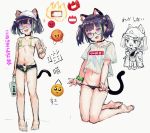  :3 :d animal_ear_fluff animal_ears bangs bare_arms bare_legs bare_shoulders barefoot baseball_cap bikini black_choker black_panties black_shorts blue_hair breasts cat_ears cat_girl cat_tail choker collarbone commentary_request covered_nipples emoji fang fangs green_bikini green_hair grey_background groin hat highres jacket kneeling looking_at_viewer micro_bikini micro_shorts multicolored_hair multiple_views navel off_shoulder open_clothes open_fly open_jacket open_mouth open_shorts original panties panty_pull purple_eyes purple_hair pyonsuke_(pyon2_mfg) shirt shoes short_sleeves shorts sketch small_breasts smile soles standing streaked_hair sunglasses swimsuit tail translation_request twintails underwear v v-shaped_eyebrows white_headwear white_shirt 