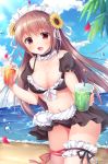  1girl :d apron bangs beach bendy_straw blue_sky breasts brown_hair brown_skirt cleavage cloud cloudy_sky collarbone commentary_request cup day disposable_cup drink drinking_straw eyebrows_visible_through_hair flower frilled_apron frills fujikura_ryuune hair_between_eyes hair_flower hair_ornament hair_ribbon hairclip highres holding holding_cup horizon ice ice_cube large_breasts leg_garter long_hair maid maid_headdress ocean open_mouth original outdoors pleated_skirt puffy_short_sleeves puffy_sleeves red_eyes ribbon sand short_sleeves skirt sky smile solo very_long_hair waist_apron water white_apron white_ribbon yellow_flower 