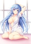  1girl arm_up bangs between_legs blue_eyes blue_hair blurry blush bottomless breasts choker collarbone collared_shirt day emori_miku emori_miku_project eyebrows_visible_through_hair hair_ornament hair_ribbon hairclip hand_between_legs heart heart_choker indoors large_breasts long_hair looking_at_viewer nametakenoko panties partially_unbuttoned ribbon shirt short_sleeves sidelocks sitting smile solo stomach striped striped_panties underwear very_long_hair wariza white_shirt window 