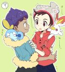  2boys ? beanie black_pants blue_jacket blue_pants cable_knit carrying closed_mouth dark_skin dark_skinned_male fur_trim gen_8_pokemon green_background hands_on_another&#039;s_shoulders hat hop_(pokemon) jacket looking_at_another male_focus male_protagonist_(pokemon_swsh) mikanbako_(aitatadon3) multiple_boys open_mouth outline pants piggyback pokemon pokemon_(creature) pokemon_(game) pokemon_swsh purple_hair red_eyes red_shirt scorbunny shirt simple_background sleeping sobble spoken_question_mark trembling white_outline yellow_eyes 