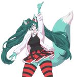 2019 6my alpha_channel blue_eyes blue_fur bottomwear canid canine clothing cosplay crossgender eyewear female fox fur gesture glasses green_hair hair hatsune_miku hi_res jacket jewelry legwear long_hair looking_at_viewer mammal necklace open_mouth pigtails pointing pointing_up roflfox shirt simple_background skirt smile solo thigh_highs tongue topwear transparent_background vocaloid white_fur 
