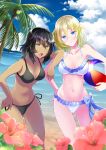  2girls andou_(girls_und_panzer) ass_visible_through_thighs ball bangs beach beachball bikini black_bikini_top black_hair blonde_hair blue_eyes blue_sky blurry blurry_background blurry_foreground breasts brown_eyes closed_mouth cloud cloudy_sky commentary dark_skin day dutch_angle elbow_on_another&#039;s_shoulder eyebrows_visible_through_hair flower frilled_bikini frills frown girls_und_panzer hand_on_hip head_tilt highres holding holding_ball lens_flare looking_at_viewer medium_breasts medium_hair messy_hair multiple_girls navel ocean open_mouth oshida_(girls_und_panzer) palm_tree pink_flower ranka_(yachou_no_kai) side-tie_bikini sky standing swimsuit tree white_bikini 