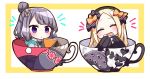  2girls :d ^_^ abigail_williams_(fate/grand_order) bangs black_bow black_dress black_headwear blonde_hair blush bow chibi closed_eyes commentary_request cup dress facing_viewer fate/grand_order fate_(series) grey_jacket hair_bow hair_bun hands_up hat head_tilt highres hood hood_down hooded_jacket in_container in_cup jacket jako_(jakoo21) katsushika_hokusai_(fate/grand_order) long_hair long_sleeves minigirl multiple_girls open_clothes open_jacket open_mouth orange_bow parted_bangs polka_dot polka_dot_bow purple_eyes purple_hair sketchbook sleeves_past_fingers sleeves_past_wrists smile tentacles two-tone_background white_background yellow_background 