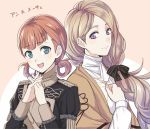  2girls annette_fantine_dominique blonde_hair blue_eyes brown_eyes closed_mouth fire_emblem fire_emblem:_three_houses hair_ornament long_hair looking_at_viewer low_ponytail mercedes_von_marltritz multiple_girls open_mouth orange_hair shinkanoshin simple_background smile twintails upper_body 