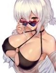  1girl azur_lane bangs bare_shoulders bikini black_bikini blush breasts choker cleavage collarbone commentary_request fingernails hair_between_eyes heart heart-shaped_eyewear large_breasts looking_at_viewer low_twintails o-ring o-ring_top off_shoulder parted_lips red_eyes satou_daiji scrunchie sheer_clothes short_hair short_twintails simple_background sirius_(azur_lane) sirius_(midsummer_seirios)_(azur_lane) smile solo sunglasses swimsuit twintails white_background white_hair white_scrunchie wrist_scrunchie 