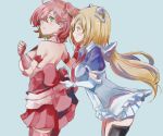  2girls ahoge aki_rosenthal bare_back bare_shoulders blonde_hair breasts green_eyes hair_ornament hairclip hololive miniskirt multiple_girls necktie pink_hair sakura_miko side_ponytail skirt tagme thighhighs thighs triangle_mouth twintails virtual_youtuber yohane zettai_ryouiki 