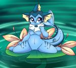  3_toes 4_fingers black_nose blue_eyes blue_markings blue_skin blue_tail detailed_background digital_media_(artwork) ear_fins eeveelution eyelashes featureless_chest featureless_crotch female fin fingers flower hashu kneeling lily_pad long_tail mammal markings navel nintendo nude plant pok&eacute;mon pok&eacute;mon_(species) smile solo spread_legs spreading tail_fin thick_tail toes vaporeon video_games water 