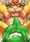  2019 absurd_res anthro belly blush bodily_fluids bowser cum duo genital_fluids green_body hi_res koopa male mario_bros moobs nintendo nipples overweight overweight_male rusk07 scalie sex sweat video_games yoshi 