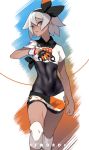  1girl abs ban black_gloves blue_eyes bodysuit clenched_hand closed_mouth copyright_name dark_skin gloves grey_hair hairband highres hip_bones holding holding_poke_ball navel poke_ball pokemon pokemon_(game) pokemon_swsh ribbon saitou_(pokemon) shirt short_hair short_sleeves shorts solo standing ultra_ball 