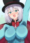  1girl :d @_@ arm_up bangs black_cape black_headwear blue_cardigan blue_sky blurry blurry_background blush bow cape cardigan collared_shirt commentary_request day denkaisui depth_of_field dress_shirt eyebrows_visible_through_hair fang green_eyes grey_hair hair_between_eyes hat highres multicolored multicolored_cape multicolored_clothes nose_blush open_mouth outdoors red_bow red_cape shirt sky smile solo sweat tejina_senpai tejina_senpai_(character) top_hat white_shirt 