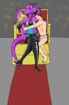  absurd_res big_breasts boots breasts chair clothing domination dragon embrace emperor female female_domination footwear gloves hair handwear hi_res horn hug human leather male mammal purple_hair purple_scales scales scalie submissive_male throne wings 
