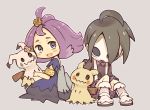  1boy 1girl acerola_(pokemon) ahoge armlet black_hair dress flower gen_7_pokemon grey_background gym_leader hair_ornament hairclip looking_at_another mask mimikyu onion_(pokemon) outline pokemon pokemon_(creature) pokemon_(game) pokemon_sm pokemon_swsh purple_hair rechain shorts simple_background sitting suspender_shorts suspenders trial_captain white_footwear white_outline 