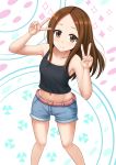  1girl armpits bare_arms bare_legs bare_shoulders belt black_shirt blush brown_eyes brown_hair closed_mouth collarbone crop_top cutoffs denim denim_shorts double_v forehead hands_up highres karakai_jouzu_no_takagi-san kazenokaze long_hair looking_at_viewer midriff navel shirt short_shorts shorts sleeveless sleeveless_shirt smile solo standing takagi-san tank_top thighs v 