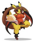  2019 anthro anthrofied breasts brown_eyes brown_hair chopsticks cosplay cosplay_pikachu_(character) female food guilty_gear hair hi_res jam_kuradoberi looking_at_viewer mammal navel nintendo nipples pikachu pok&eacute;mon pok&eacute;mon_(species) rice rodent short_stack smile solo sssonic2 thick_thighs video_games 