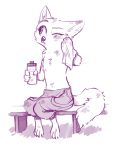  2019 ambiguous_gender anthro barefoot bench bottle canid canine cheek_tuft chest_tuft claws clothed clothing dirty disney elbow_tufts fox fuel_(artist) head_tuft hi_res holding_object mammal monochrome one_eye_closed purple_theme rag simple_background sitting skye_(zootopia) solo toe_claws topless tuft white_background zootopia 