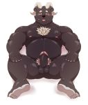 2019 absurd_res anthro balls belly black_nose blush demon erection hi_res horn humanoid_hands humanoid_penis jumperbear male mammal moobs nipples overweight overweight_male penis simple_background sitting solo tongue tongue_out ursid white_background 
