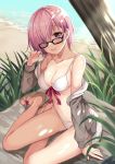  1girl arm_support bare_shoulders beach bikini black-framed_eyewear blush breasts cleavage collarbone day eyebrows_visible_through_hair fate/grand_order fate_(series) glasses hair_over_one_eye harimoji highres jacket large_breasts looking_at_viewer mash_kyrielight navel ocean off_shoulder open_clothes open_jacket open_mouth outdoors palm_tree purple_eyes purple_hair sand sandals short_hair sitting smile solo swimsuit tree white_bikini yokozuwari 