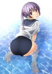  1girl all_fours ass bangs bare_legs barefoot black_swimsuit blue_sailor_collar blush commentary_request eyebrows_visible_through_hair hair_between_eyes hair_bobbles hair_ornament highres long_hair looking_at_viewer looking_back one-piece_swimsuit original purple_eyes purple_hair sailor_collar school_swimsuit school_uniform see-through serafuku shibacha shirt short_sleeves soles solo swimsuit swimsuit_under_clothes twintails water wet wet_clothes wet_shirt white_shirt 