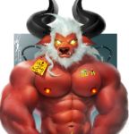  abs beard bovid bovine cattle dalluwn facial_hair glowing glowing_nipples green_eyes hair horn looking_at_viewer machine male mammal muscular muscular_male navel navel_rim nipples obliques pecs red_skin robot smile solo tusks white_hair wire 