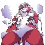  1:1 anthro axellycan_(artist) chest_tuft convenient_censorship fur hair hand_on_hip looking_at_viewer low-angle_view lycanroc male midnight_lycanroc nintendo nude pink_eyes pok&eacute;mon pok&eacute;mon_(species) portrait red_fur smile smirk solo three-quarter_portrait tuft video_games white_fur white_hair 