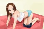  1girl all_fours barefoot blue_panties blush brown_eyes brown_hair couch crossed_ankles full_body highres indoors karakai_jouzu_no_takagi-san long_hair looking_at_viewer midriff panties shirow_(mha03133) shirt shorts_down sleeveless sleeveless_shirt smile solo takagi-san underwear undressing white_shirt 