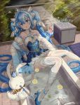  1girl absurdres animal bath bathtub blue_eyes blue_hair blush_stickers bunny cabinet chair chinese_commentary clothed_bath commentary_request crown cup detached_collar detached_sleeves drinking_glass faucet food frilled_skirt frills fruit hair_ornament hatsune_miku highres hmax holding holding_pipe juliet_sleeves lemon long_hair long_sleeves nail_polish outdoors pipe princess puffy_sleeves rug see-through skirt snowflake_hair_ornament sunlight tiara twintails very_long_hair vocaloid wet wet_clothes wine_glass yuki_miku_(2019) yukine_(vocaloid) 