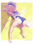  1girl absurdres ahoge all_fours animal_ear_fluff animal_ears ass barefoot blush bunny_ears bunny_tail feet from_behind full_body hair_ornament hairclip hat highres kneepits legs long_hair looking_back low_twintails no_pants on_floor one-piece_swimsuit open_mouth pink_eyes pink_hair school_swimsuit school_uniform serafuku shippitsu shirt soles solo sweat swimsuit tail thighs tile_floor tiles toes tomari_mari tomari_mari_channel top-down_bottom-up twintails virtual_youtuber white_headwear white_shirt 