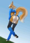  2018 anthro biped black_pawpads blue_bottomwear blue_clothing blue_sky blue_topwear bottomwear brown_body brown_fur butt camel_toe canid canine clothed clothing crop_top day dutch_angle ear_piercing elvofirida female fennec fox fully_clothed fur green_eyes hair hi_res leg_warmers legwear looking_at_viewer looking_back mammal miniskirt multicolored_body multicolored_fur on_one_leg open_mouth open_smile outside panties pawpads paws piercing raised_tail shirt skimpy skirt sky smile solo standing topwear underwear upskirt whiskers white_body white_bottomwear white_clothing white_fur white_panties white_underwear 