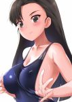  1girl amasora_taichi asymmetrical_bangs bangs bare_shoulders black_hair blue_swimsuit blush breasts cleavage collarbone competition_swimsuit covered_nipples girls_und_panzer grey_eyes highres large_breasts long_hair nishi_kinuyo one-piece_swimsuit shiny shiny_clothes shiny_hair shiny_skin sideboob simple_background smile solo swimsuit swimsuit_pull upper_body white_background 