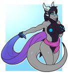  anthro breasts dragon female hair horn kurtassclear makeup nipples open_mouth pussy smile solo standing towel 