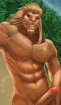  2019 anthro barazoku big_penis bodily_fluids facial_hair fangs felid final_fantasy final_fantasy_xiv fur genital_fluids goatee green_eyes hi_res hrothgar humanoid_penis invalid_tag leaf lion looking_at_viewer male mammal mane muscular muscular_male navel obliques pantherine penis precum smile solo square_enix tan_fur tan_mane thanatosmarcel video_games 