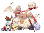  1girl altera_(fate) altera_the_santa bare_shoulders bikini blush boots bow breasts bubble1995 choker cleavage dark_skin dated detached_sleeves fate/grand_order fate_(series) full_body highres jeanne_d&#039;arc_(fate)_(all) jeanne_d&#039;arc_alter_santa_lily knee_boots long_sleeves looking_at_viewer medium_breasts red_bikini red_choker red_eyes red_footwear sheep short_hair silver_hair smile solo swimsuit tattoo veil white_bow 