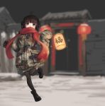  1girl ahoge architecture black_legwear blurry blurry_background brown_hair camouflage double_bun east_asian_architecture green_eyes highres holding lantern looking_at_viewer original outdoors paper_lantern scarf sleeves_past_wrists snow solo tantu_(tc1995) thighhighs 