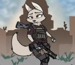  2019 arctic_fox black_background bulletproof_vest canid canine cheek_tuft clothed clothing disney english_text female fox grey_eyes gun half-closed_eyes holding_object holding_weapon josun mammal match outline ranged_weapon simple_background skye_(zootopia) solo standing tactical text tuft weapon white_outline zootopia 
