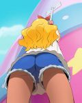  1girl amamiya_erena blonde_hair blue_shorts broom dark_skin denim denim_shorts from_behind hairband haruyama_kazunori orange_hairband panties pantyshot pantyshot_(standing) precure short_hair shorts solo standing star_twinkle_precure underwear white_panties 