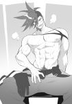  1boy abs areolae arm_support biceps blue_hair chest galo_thymos gloves gloves_removed gradient gradient_background greyscale haiki_(tegusu) looking_at_viewer male_focus monochrome muscle navel open_mouth promare pubic_hair sitting smile solo spiked_hair spread_legs sweat 