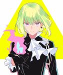  1boy black_gloves black_jacket blonde_hair cravat earrings fire gloves green_hair half_gloves highres jacket jewelry lio_fotia looking_at_viewer lq_saku male_focus outstretched_hand promare purple_eyes solo 
