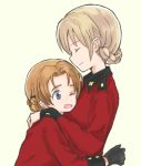  2girls bangs blonde_hair blue_eyes blush braid closed_eyes coat darjeeling french_braid girls_und_panzer gloves hug long_sleeves multiple_girls mutsu_(layergreen) one_eye_closed open_mouth orange_hair orange_pekoe red_coat simple_background smile st._gloriana&#039;s_military_uniform tied_hair tongue yellow_background 