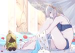 1girl anastasia_(fate/grand_order) barefoot bed blue_bra blue_eyes blue_panties bra brown_hairband cloak_removed column commentary_request doll fate/grand_order fate_(series) flower hairband highres jewelry light_blush long_hair looking_at_viewer looking_to_the_side necklace on_bed panties petals pillar red_flower red_rose rose rose_petals royal_robe silver_hair sitting sitting_on_bed solo takubon_(xewh4773) underwear underwear_only 