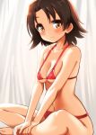  1girl backlighting bangs bikini blush breasts brown_eyes brown_hair cleavage closed_mouth commentary covered_nipples curtains girls_und_panzer hands_on_legs indian_style looking_at_viewer medium_breasts micro_bikini navel parted_bangs pink_bikini rebirth42000 sawa_azusa short_hair sitting skindentation smile solo swimsuit v_arms 