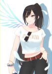  1girl ara_ssmjnkosam_-key2321 bangs belt black_hair breasts brown_belt character_request collarbone commentary_request copyright_request glasses green_eyes highres large_breasts long_hair ponytail shirase_sakuya shirt short_sleeves smile solo white_shirt wings yellow_eyes 