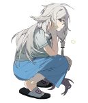  1girl blue_eyes blue_skirt braid commentary expressionless from_side hand_on_own_knee hand_on_own_neck highres ia_(vocaloid) kyototanaka54 long_hair looking_at_viewer looking_to_the_side sandals shirt silver_hair simple_background skirt solo squatting t-shirt vocaloid white_background 