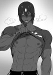  1boy abs ashwatthama_(fate/grand_order) blush breath buster_shirt dark_skin dark_skinned_male fate/grand_order fate_(series) gradient gradient_background greyscale haiki_(tegusu) highres lifted_by_self looking_at_viewer male_focus monochrome nipples open_mouth shirt_lift shorts simple_background solo sweat toned toned_male upper_body 
