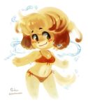  2019 animal_crossing anthro bikini blush breasts canid canine canis clothed clothing domestic_dog female fur hair hi_res isabelle_(animal_crossing) mammal navel nintendo panken shih_tzu simple_background smile solo swimwear toy_dog video_games water yellow_fur 