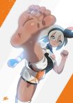  1girl barefoot blue_eyes bodysuit breasts brown_hair clenched_hands covered_navel dark_skin eyebrows_visible_through_hair gloves grey_hair hairband high_kick k.ty_(amejin) kicking looking_at_viewer pokemon pokemon_(game) pokemon_swsh saitou_(pokemon) shorts single_glove solo sweat 